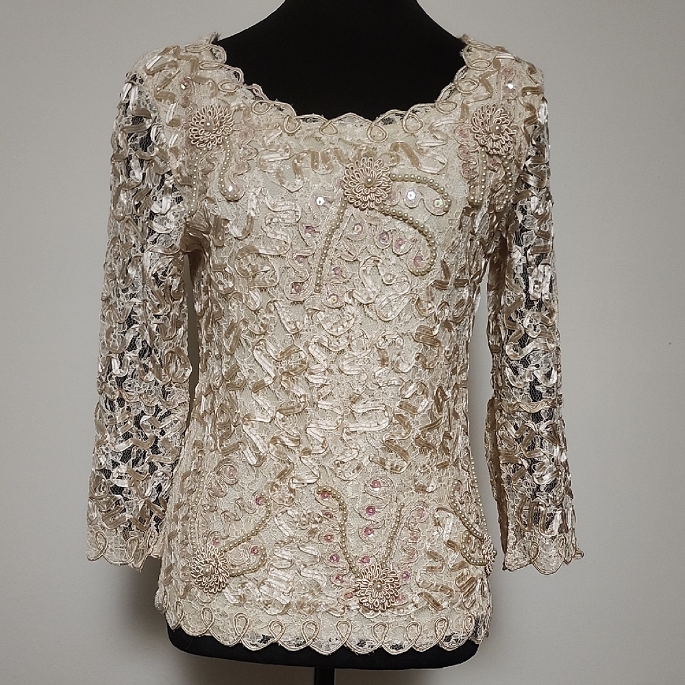 Laura Ivory Lace Appliqué Blouse Pearl Beaded Sheer 3/4 Sleeve Top Sz S